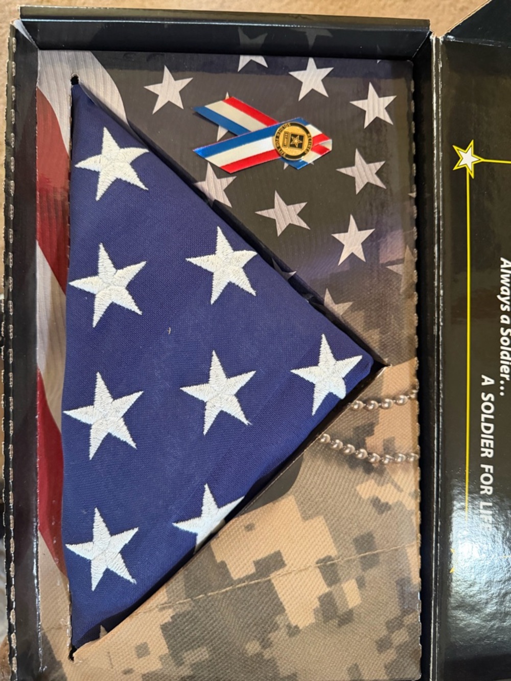 American Flag Tri-Fold Display with Military Dog Tags and Ribbon Pin